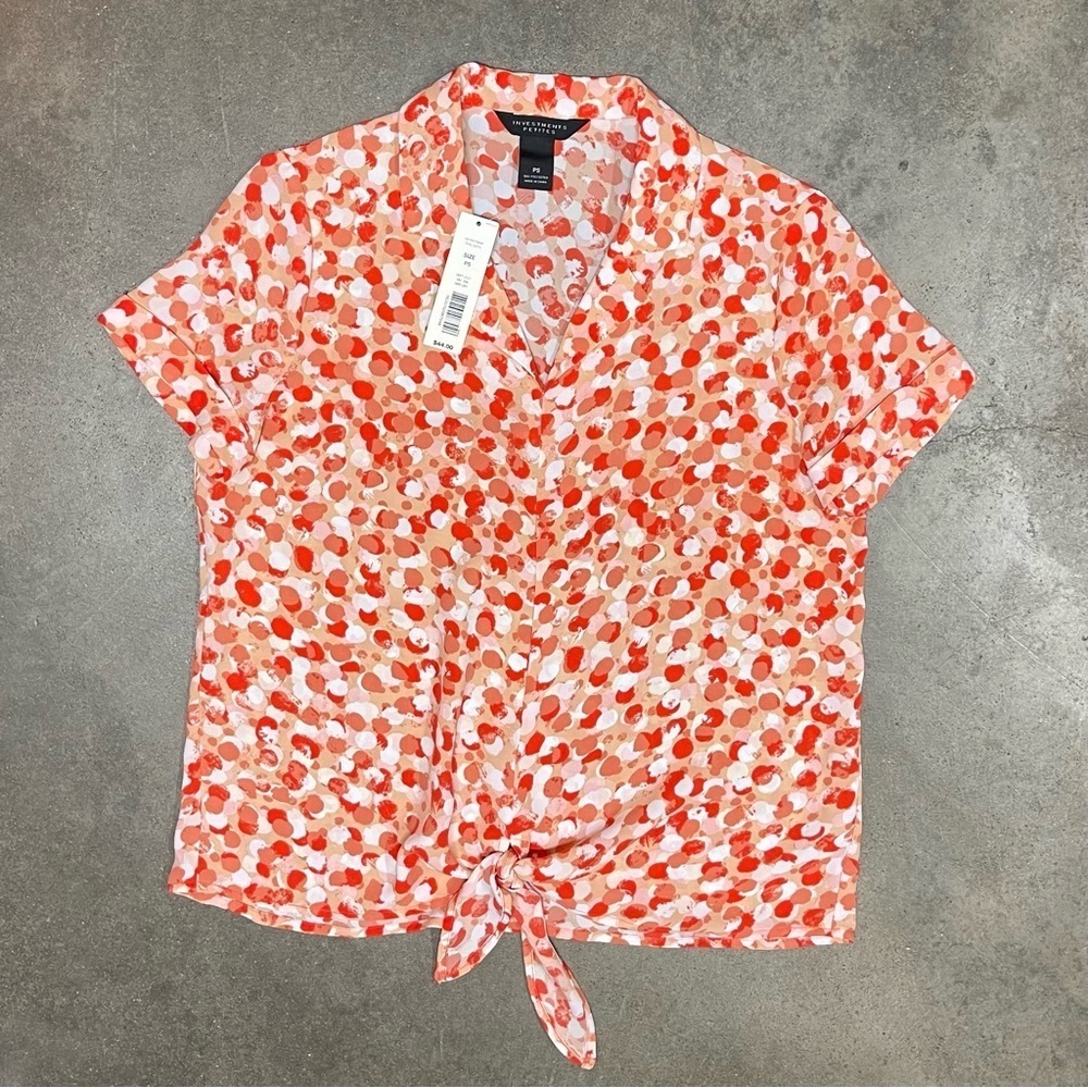 NWT Investments Oval Dots Tropical Front Tie Pullover Blouse